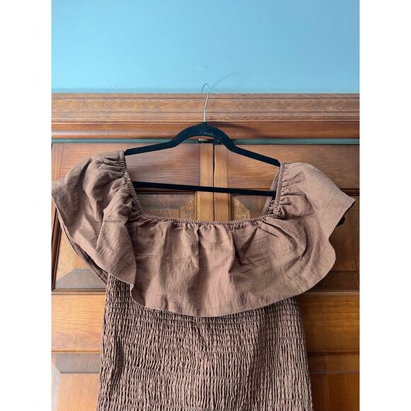NWT By Anthropologie Off-The-Shoulder Smocked Mini Dress Chocolate Brown Size L - Picture 4 of 13